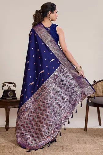 Navy blue zari work jacquard saree with blouse