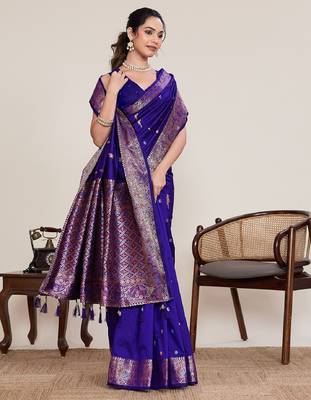 Royal blue zari work jacquard saree with blouse 1