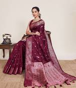 Maroon zari work jacquard saree with blouse