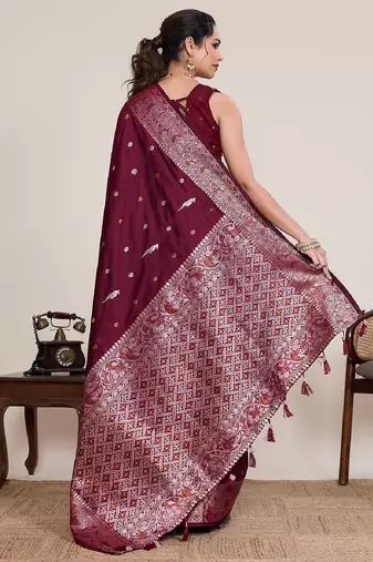 Maroon zari work jacquard saree with blouse