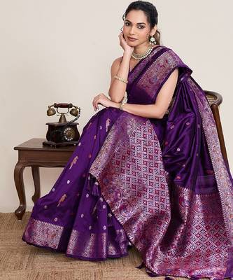 Purple zari work jacquard saree with blouse 1