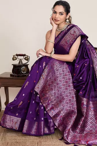 Purple zari work jacquard saree with blouse