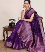 Purple zari work jacquard saree with blouse