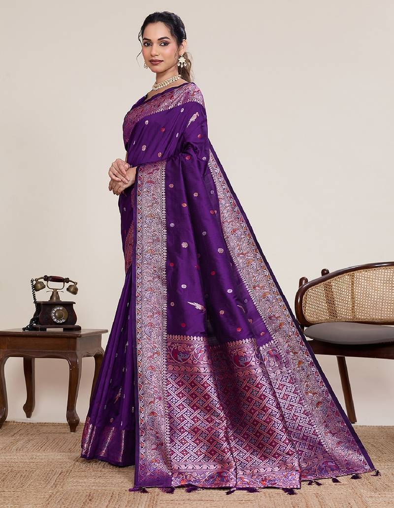 Purple zari work jacquard saree with blouse