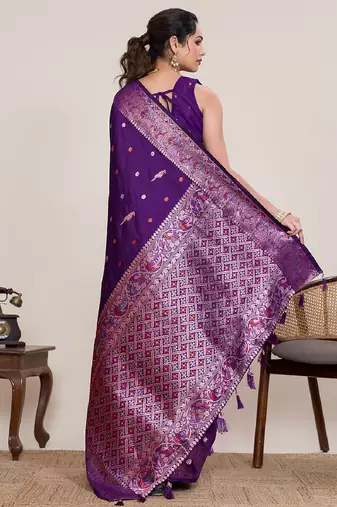 Purple zari work jacquard saree with blouse