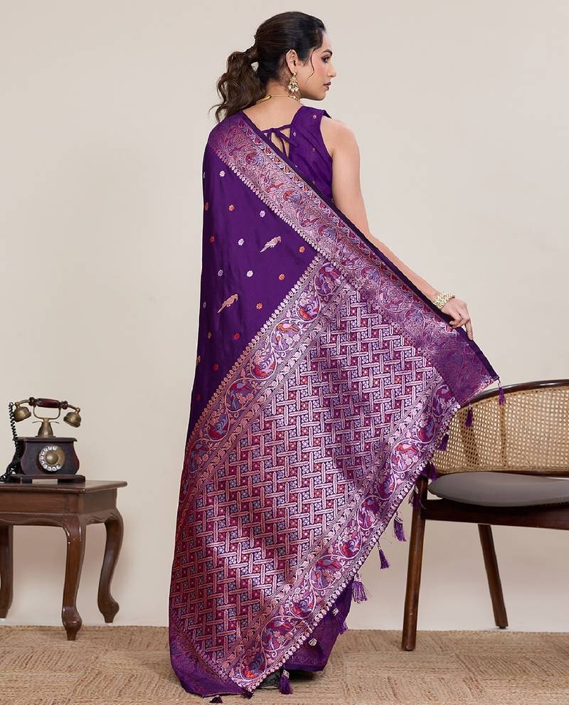 Purple zari work jacquard saree with blouse
