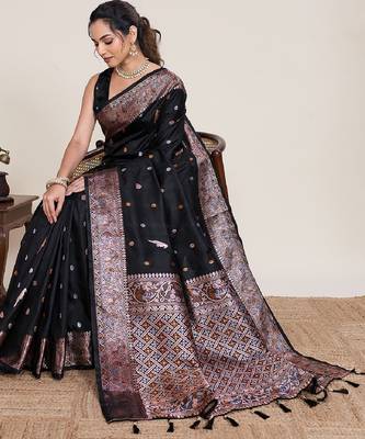 Black zari work jacquard saree with blouse 1