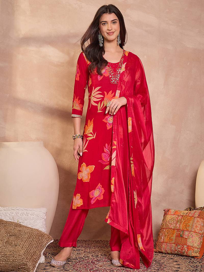 Women's pink rayon floral printed kurta set