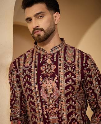Burgundy georgette embroidered kurta with trouser set | mandarin collar ethnic wear for men 1