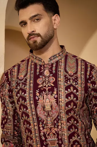 Burgundy georgette embroidered kurta with trouser set | mandarin collar ethnic wear for men