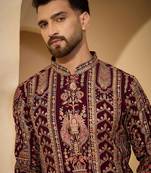 Burgundy georgette embroidered kurta with trouser set | mandarin collar ethnic wear for men