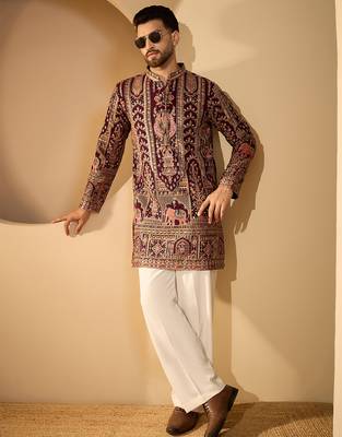Burgundy georgette embroidered kurta with trouser set | mandarin collar ethnic wear for men 2