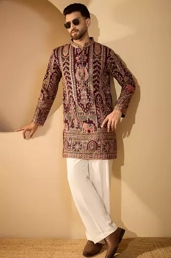 Burgundy georgette embroidered kurta with trouser set | mandarin collar ethnic wear for men