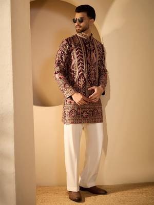 Burgundy georgette embroidered kurta with trouser set | mandarin collar ethnic wear for men 3