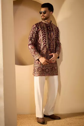 Burgundy georgette embroidered kurta with trouser set | mandarin collar ethnic wear for men