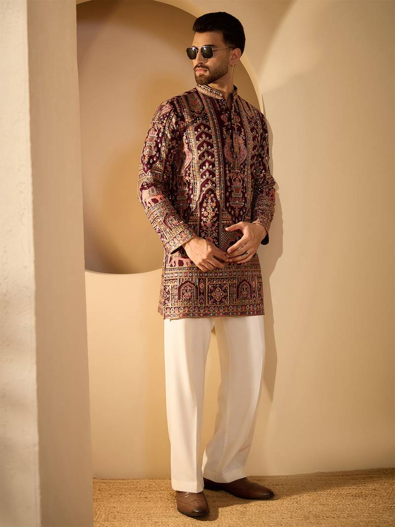 Burgundy georgette embroidered kurta with trouser set | mandarin collar ethnic wear for men