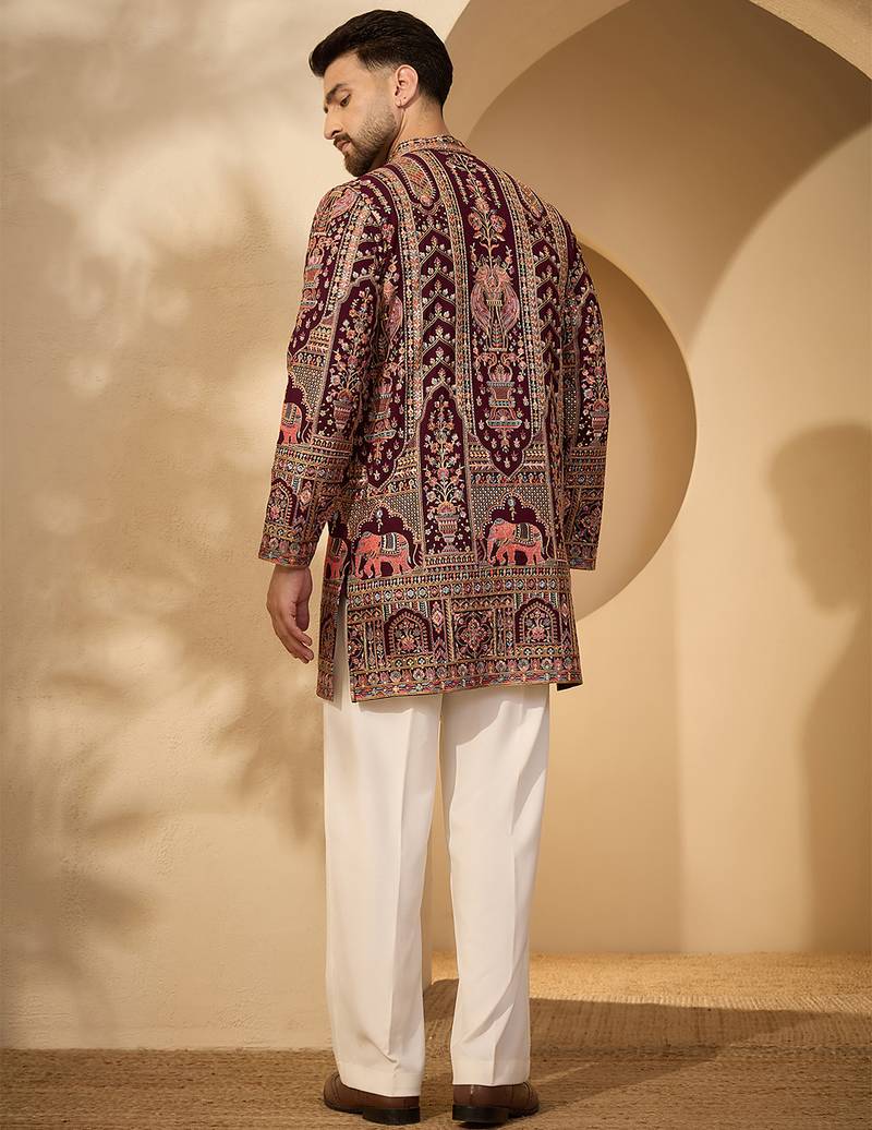Burgundy georgette embroidered kurta with trouser set | mandarin collar ethnic wear for men