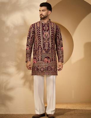 Burgundy georgette embroidered kurta with trouser set | mandarin collar ethnic wear for men 5