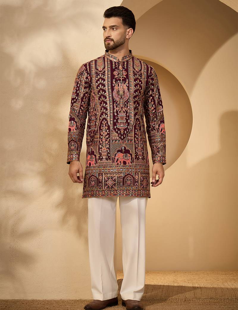 Burgundy georgette embroidered kurta with trouser set | mandarin collar ethnic wear for men