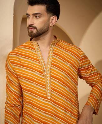 Yellow viscose rayon printed kurta with trouser set | v-neck ethnic wear for men 1