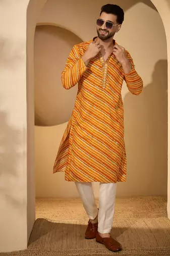 Yellow viscose rayon printed kurta with trouser set | v-neck ethnic wear for men