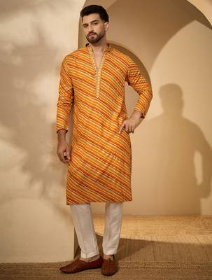 Yellow viscose rayon printed kurta with trouser set | v-neck ethnic wear for men 3