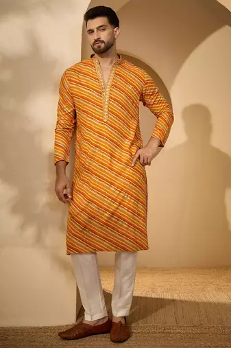 Yellow viscose rayon printed kurta with trouser set | v-neck ethnic wear for men