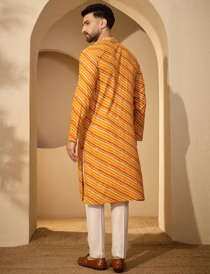 Yellow viscose rayon printed kurta with trouser set | v-neck ethnic wear for men