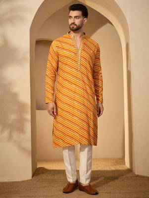 Yellow viscose rayon printed kurta with trouser set | v-neck ethnic wear for men 5