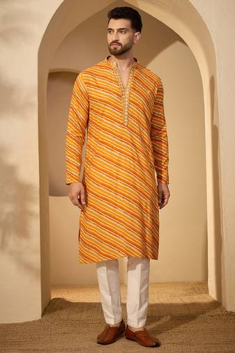 Yellow viscose rayon printed kurta with trouser set | v-neck ethnic wear for men