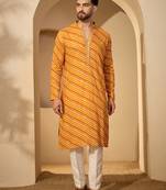 Yellow viscose rayon printed kurta with trouser set | v-neck ethnic wear for men