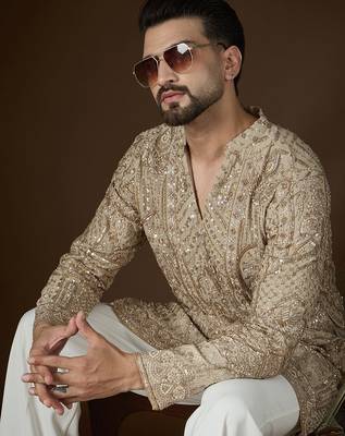 Beige georgette embroidered kurta with trouser set | v-neck ethnic wear for men 1