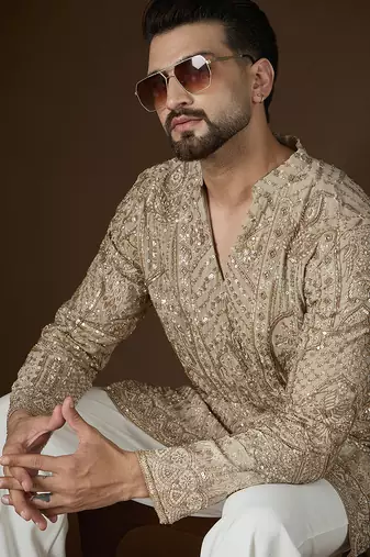 Beige georgette embroidered kurta with trouser set | v-neck ethnic wear for men