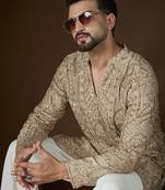 Beige georgette embroidered kurta with trouser set | v-neck ethnic wear for men