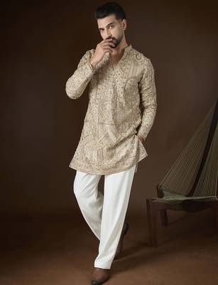 Beige georgette embroidered kurta with trouser set | v-neck ethnic wear for men 2