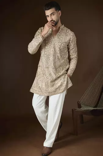 Beige georgette embroidered kurta with trouser set | v-neck ethnic wear for men