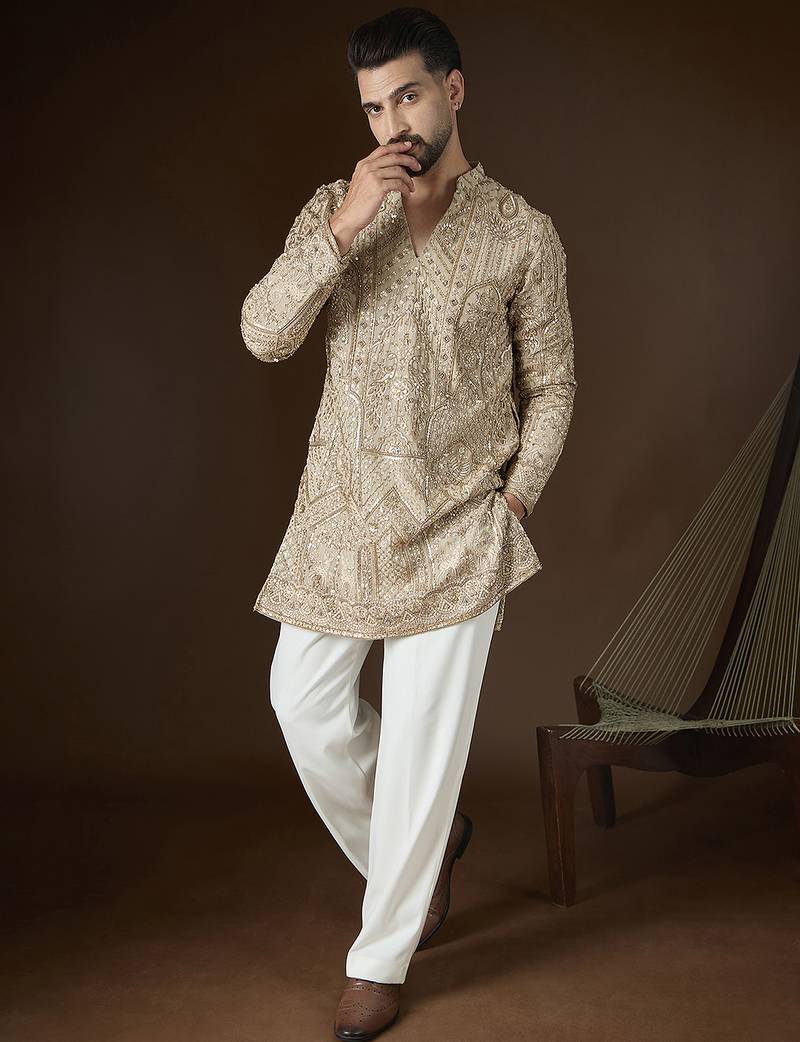 Beige georgette embroidered kurta with trouser set | v-neck ethnic wear for men