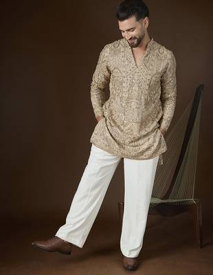Beige georgette embroidered kurta with trouser set | v-neck ethnic wear for men 3