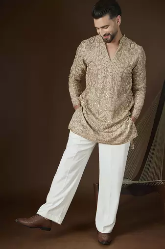 Beige georgette embroidered kurta with trouser set | v-neck ethnic wear for men