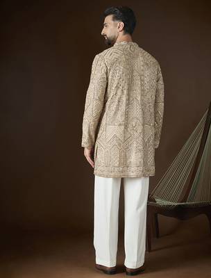 Beige georgette embroidered kurta with trouser set | v-neck ethnic wear for men 4