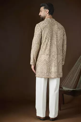Beige georgette embroidered kurta with trouser set | v-neck ethnic wear for men