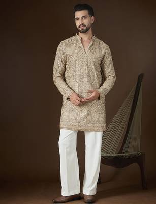Beige georgette embroidered kurta with trouser set | v-neck ethnic wear for men 5