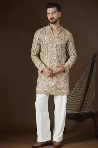Beige georgette embroidered kurta with trouser set | v-neck ethnic wear for men
