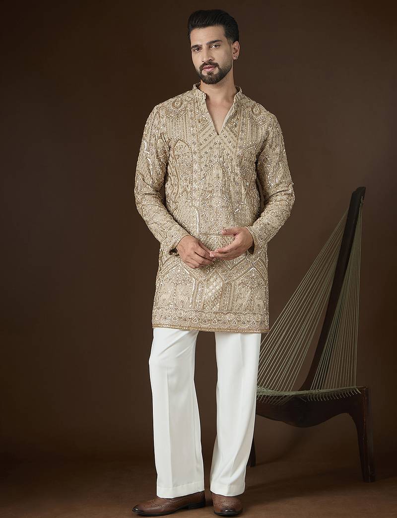 Beige georgette embroidered kurta with trouser set | v-neck ethnic wear for men
