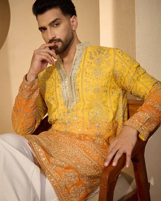 Yellow georgette embroidered kurta with trouser set | v-neck ethnic wear for men 1