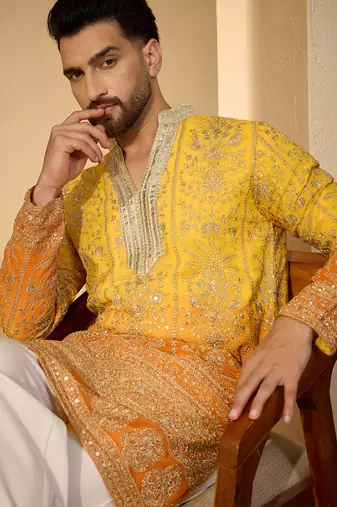 Yellow georgette embroidered kurta with trouser set | v-neck ethnic wear for men