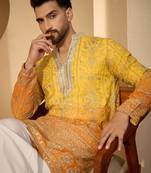 Yellow georgette embroidered kurta with trouser set | v-neck ethnic wear for men