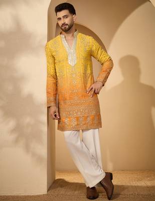 Yellow georgette embroidered kurta with trouser set | v-neck ethnic wear for men 2