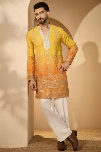 Yellow georgette embroidered kurta with trouser set | v-neck ethnic wear for men