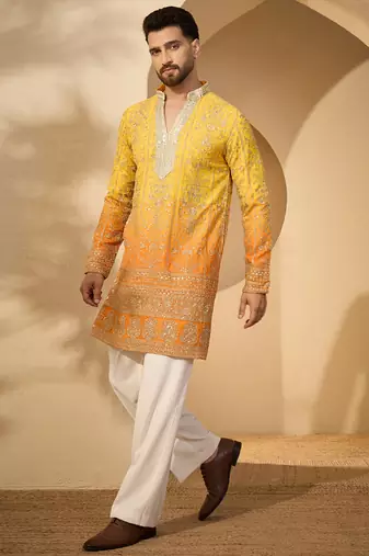 Yellow georgette embroidered kurta with trouser set | v-neck ethnic wear for men